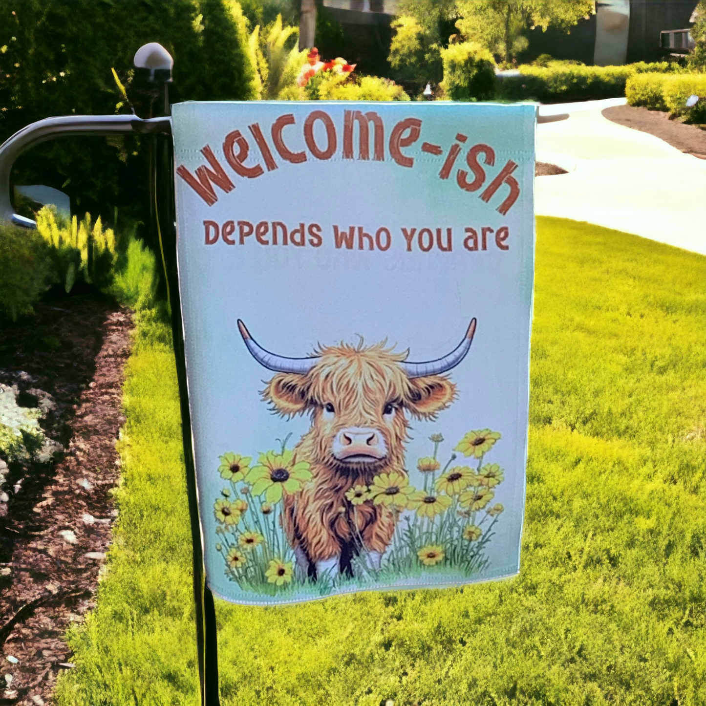 Welcome-ish Highland Coo Garden Flag